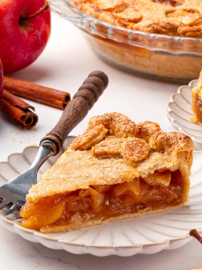Look closely at homemade apple pie to see the set filling and buttery crust layers.
