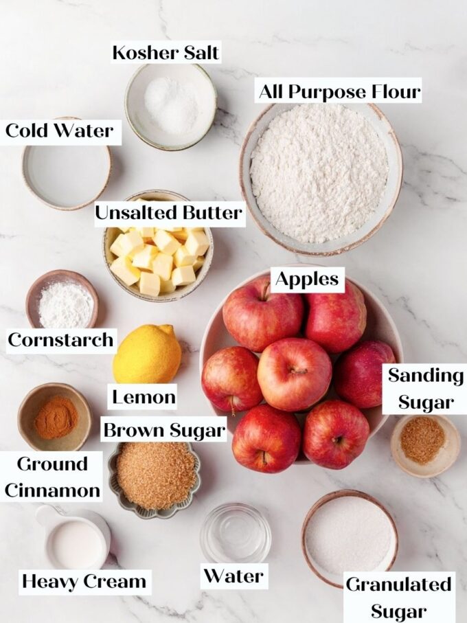 Everything for the all-butter crust and pre-cooked filling of this homemade apple pie, measured.