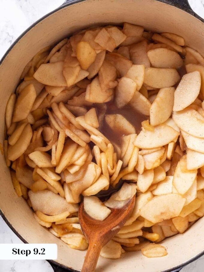 Cooking the juices before baking stops homemade apple pie filling from turning watery.