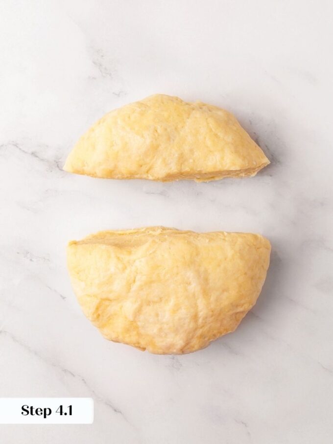Two-thirds of the dough becomes the bottom crust, leaving overhang for the homemade apple pie.