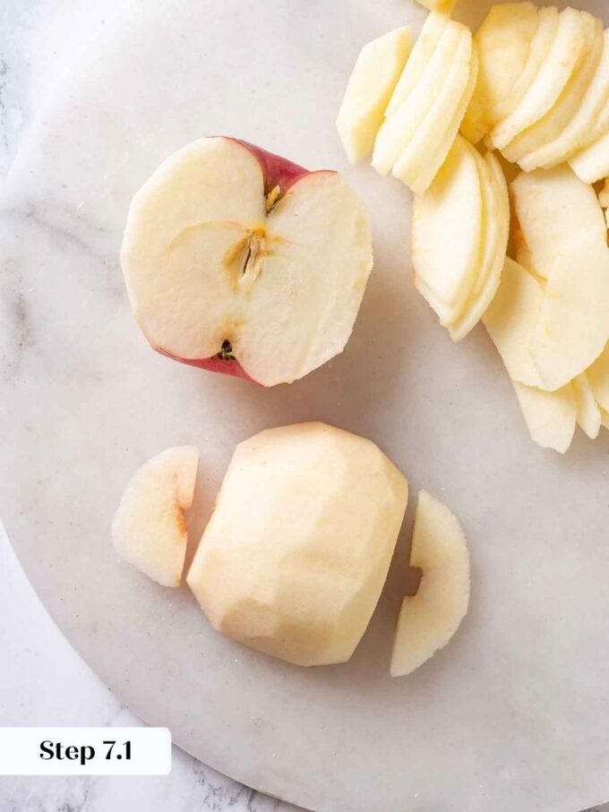 Cutting around the core starts the pre-cooked filling for this homemade apple pie.