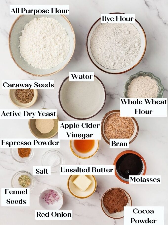 Everything needed for Russian black bread, from rye flour and caraway to molasses and cocoa powder.