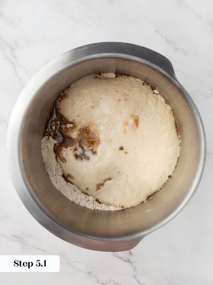 Adding the warm chocolate mixture is the moment Russian black bread dough begins to darken.