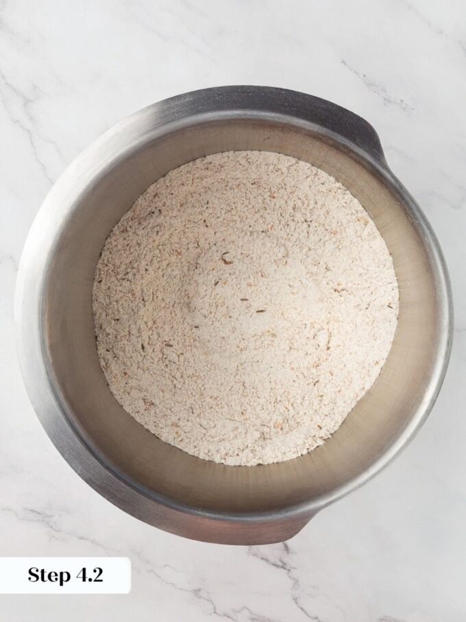 Briefly mixing the dry base spreads caraway and fennel evenly through Russian black bread.
