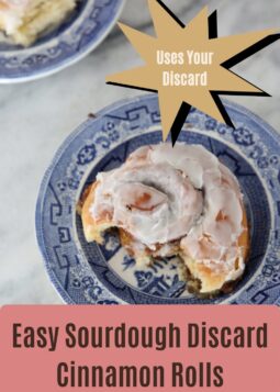 Close-up overhead of one glazed sourdough cinnamon roll on a blue and white willow plate