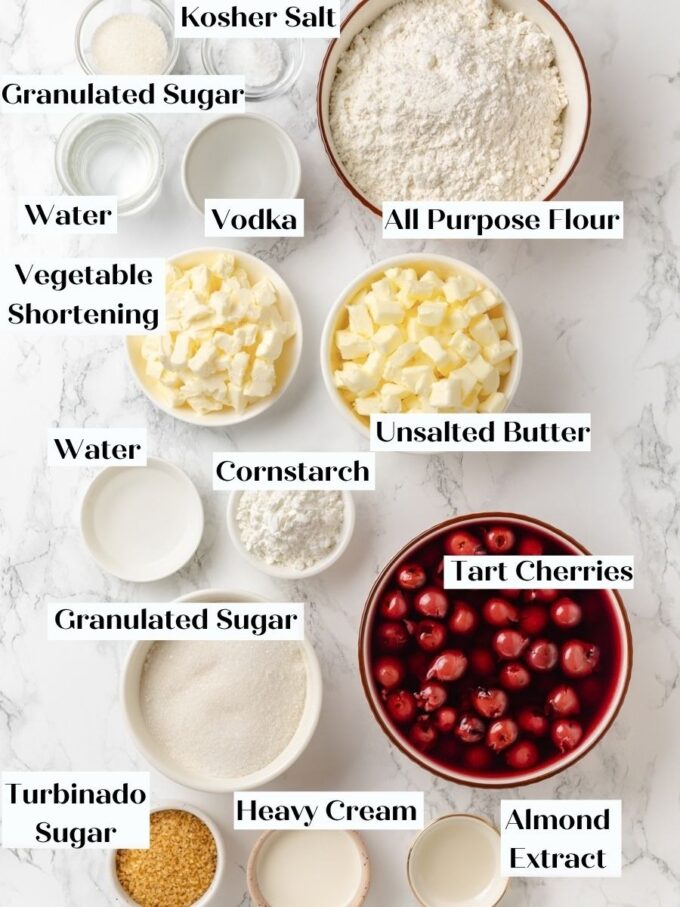 Everything needed for sour cherry pie made with canned tart cherries and a flaky vodka crust.