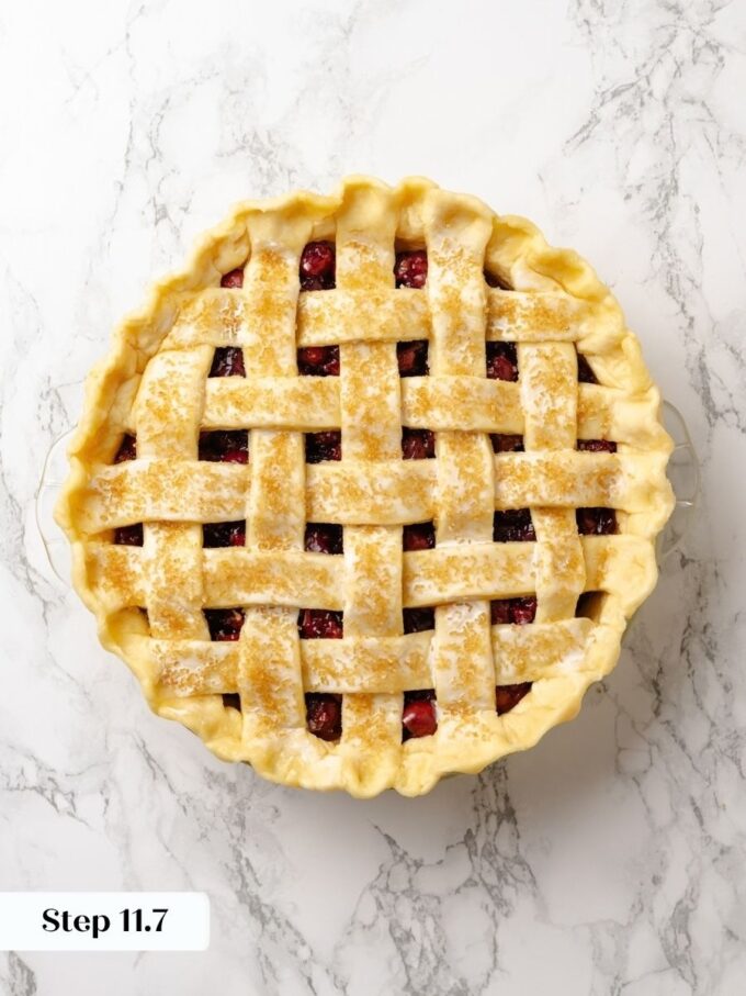 Heavy cream adds golden sheen and turbinado sugar adds crunch to sour cherry pie.