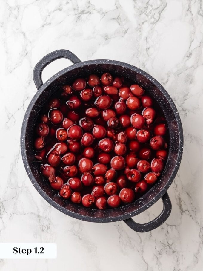 Low heat draws out the juices before the canned cherries boil for sour cherry pie.
