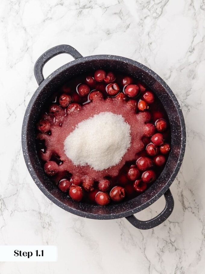 Canned tart cherries and sugar go in together to start a year-round sour cherry pie.