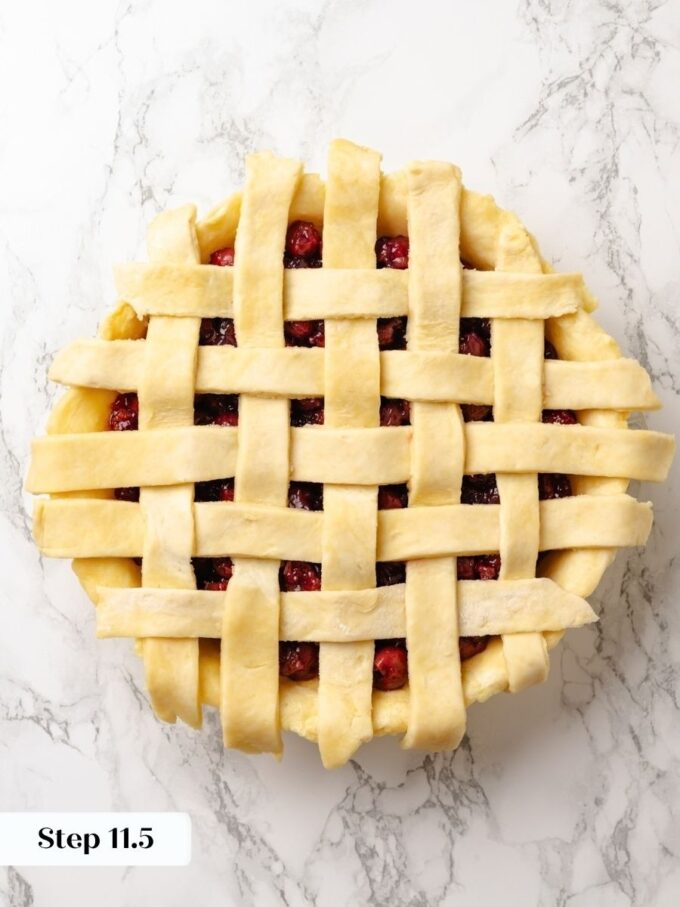 With the weave complete, the sour cherry pie lattice just needs trimming and sealing.