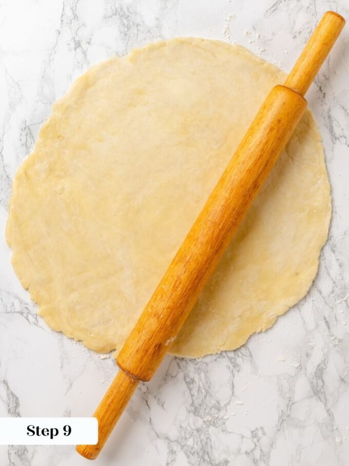 Rolling from the center and turning often keeps this sour cherry pie crust round and even.