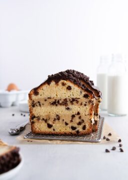 cookie dough stuffed pound cake on a cooling rack